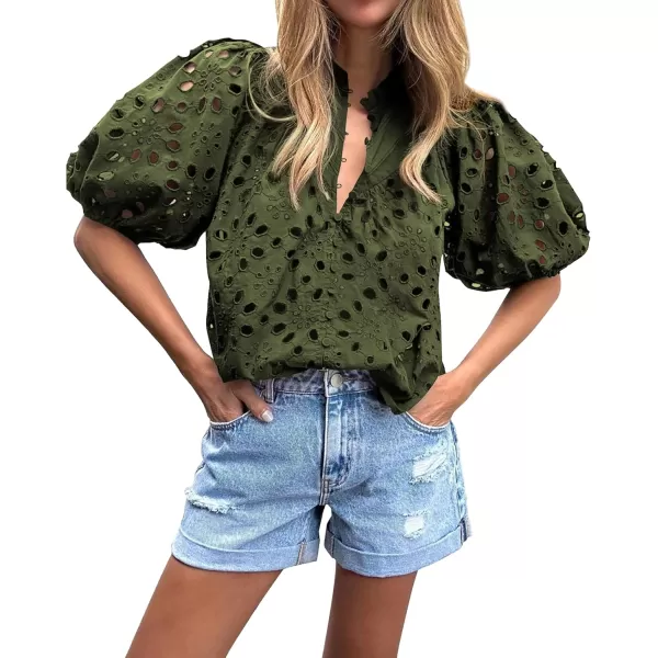 BTFBM Womens Casual Summer Blouse Tops Hollow Out Eyelet Embroidery V Neck Buttons Puff Short Sleeve Dressy Boho ShirtSolid Army Green
