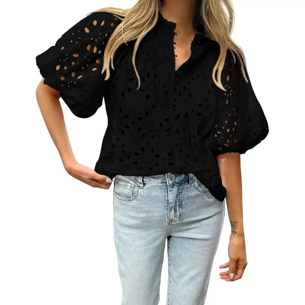 BTFBM Womens Casual Summer Blouse Tops Hollow Out Eyelet Embroidery V Neck Buttons Puff Short Sleeve Dressy Boho ShirtSolid Black