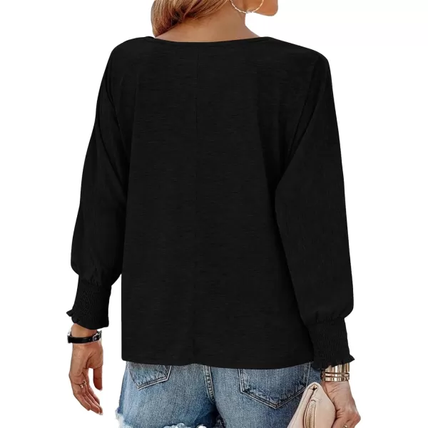 BTFBM Womens Long Sleeve Tops Fall Outfits 2024 Dressy Casual Crew Neck Tee Shirts Smocked Loose Top Tunic BlouseSolid Black