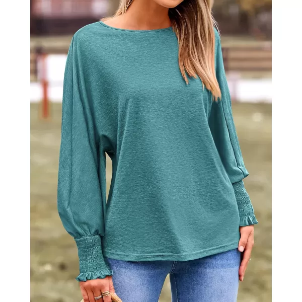 BTFBM Womens Long Sleeve Tops Fall Outfits 2024 Dressy Casual Crew Neck Tee Shirts Smocked Loose Top Tunic BlouseSolid Lake Blue