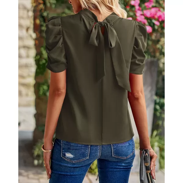 BTFBM Womens Summer Boho Shirt Top Ruffle Short Sleeve Frill Trim Mock Neck Floral Solid 2024 Casual Blouses Shirts TopsSolid Army Green