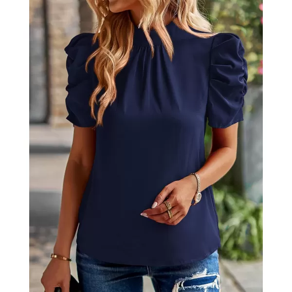 BTFBM Womens Summer Boho Shirt Top Ruffle Short Sleeve Frill Trim Mock Neck Floral Solid 2024 Casual Blouses Shirts TopsSolid Navy