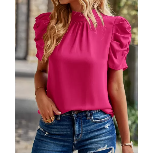 BTFBM Womens Summer Boho Shirt Top Ruffle Short Sleeve Frill Trim Mock Neck Floral Solid 2024 Casual Blouses Shirts TopsSolid Rose Red