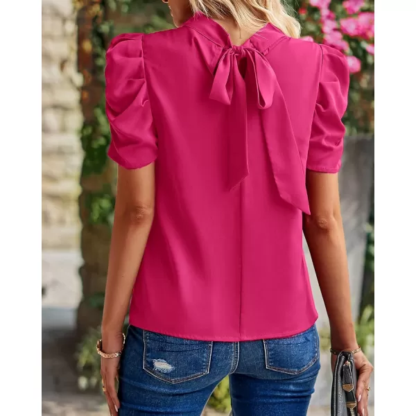 BTFBM Womens Summer Boho Shirt Top Ruffle Short Sleeve Frill Trim Mock Neck Floral Solid 2024 Casual Blouses Shirts TopsSolid Rose Red