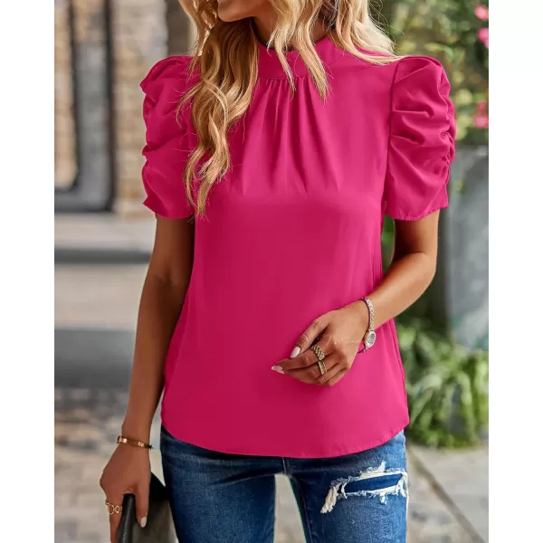 BTFBM Womens Summer Boho Shirt Top Ruffle Short Sleeve Frill Trim Mock Neck Floral Solid 2024 Casual Blouses Shirts TopsSolid Rose Red