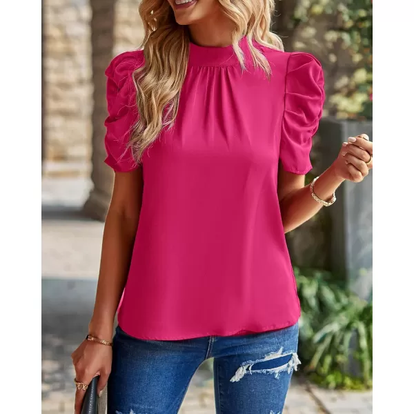 BTFBM Womens Summer Boho Shirt Top Ruffle Short Sleeve Frill Trim Mock Neck Floral Solid 2024 Casual Blouses Shirts TopsSolid Rose Red