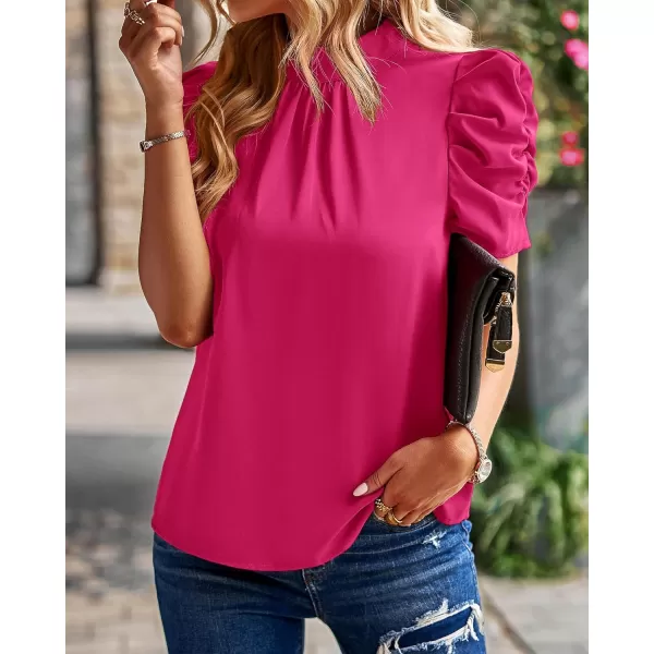 BTFBM Womens Summer Boho Shirt Top Ruffle Short Sleeve Frill Trim Mock Neck Floral Solid 2024 Casual Blouses Shirts TopsSolid Rose Red