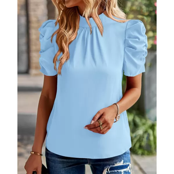 BTFBM Womens Summer Boho Shirt Top Ruffle Short Sleeve Frill Trim Mock Neck Floral Solid 2024 Casual Blouses Shirts TopsSolid Sky Blue