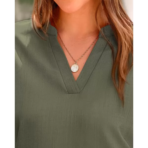 BTFBM Womens Summer Tops 2024 V Neck Short Sleeve Tshirt Loose Flowy Tunics Solid Color Dressy Casual Blouse ShirtsSolid Army Green