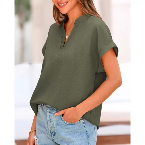 BTFBM Womens Summer Tops 2024 V Neck Short Sleeve Tshirt Loose Flowy Tunics Solid Color Dressy Casual Blouse ShirtsSolid Army Green