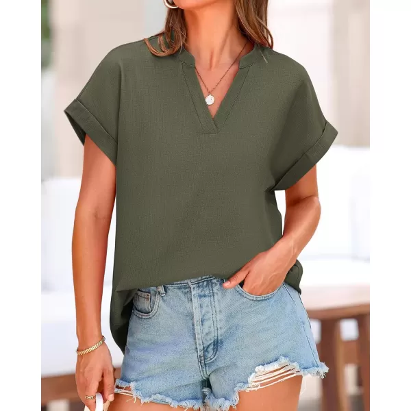 BTFBM Womens Summer Tops 2024 V Neck Short Sleeve Tshirt Loose Flowy Tunics Solid Color Dressy Casual Blouse ShirtsSolid Army Green