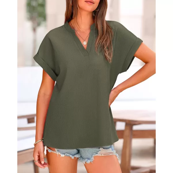 BTFBM Womens Summer Tops 2024 V Neck Short Sleeve Tshirt Loose Flowy Tunics Solid Color Dressy Casual Blouse ShirtsSolid Army Green