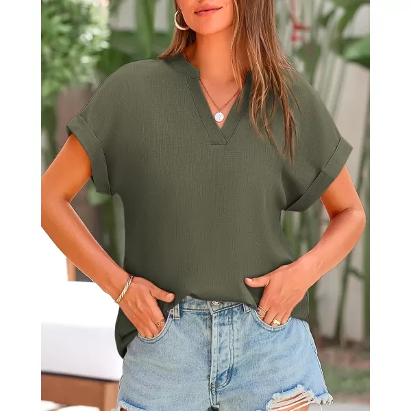 BTFBM Womens Summer Tops 2024 V Neck Short Sleeve Tshirt Loose Flowy Tunics Solid Color Dressy Casual Blouse ShirtsSolid Army Green