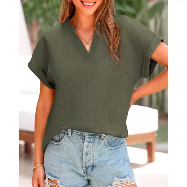 BTFBM Womens Summer Tops 2024 V Neck Short Sleeve Tshirt Loose Flowy Tunics Solid Color Dressy Casual Blouse ShirtsSolid Army Green
