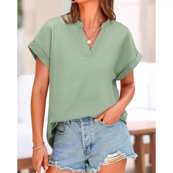 BTFBM Womens Summer Tops 2024 V Neck Short Sleeve Tshirt Loose Flowy Tunics Solid Color Dressy Casual Blouse ShirtsSolid Bean Green