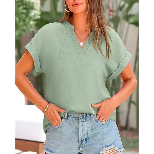 BTFBM Womens Summer Tops 2024 V Neck Short Sleeve Tshirt Loose Flowy Tunics Solid Color Dressy Casual Blouse ShirtsSolid Bean Green