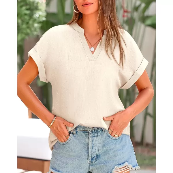 BTFBM Womens Summer Tops 2024 V Neck Short Sleeve Tshirt Loose Flowy Tunics Solid Color Dressy Casual Blouse ShirtsSolid Beige