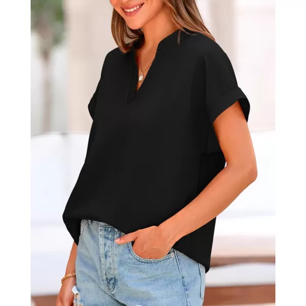 BTFBM Womens Summer Tops 2024 V Neck Short Sleeve Tshirt Loose Flowy Tunics Solid Color Dressy Casual Blouse ShirtsSolid Black