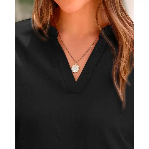 BTFBM Womens Summer Tops 2024 V Neck Short Sleeve Tshirt Loose Flowy Tunics Solid Color Dressy Casual Blouse ShirtsSolid Black