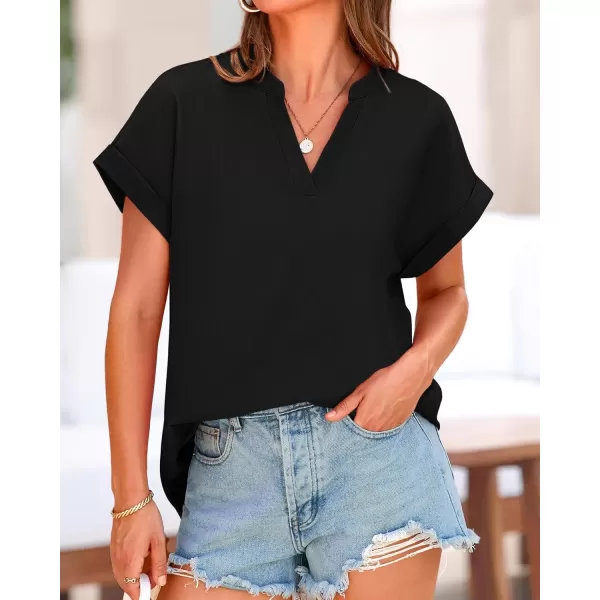 BTFBM Womens Summer Tops 2024 V Neck Short Sleeve Tshirt Loose Flowy Tunics Solid Color Dressy Casual Blouse ShirtsSolid Black