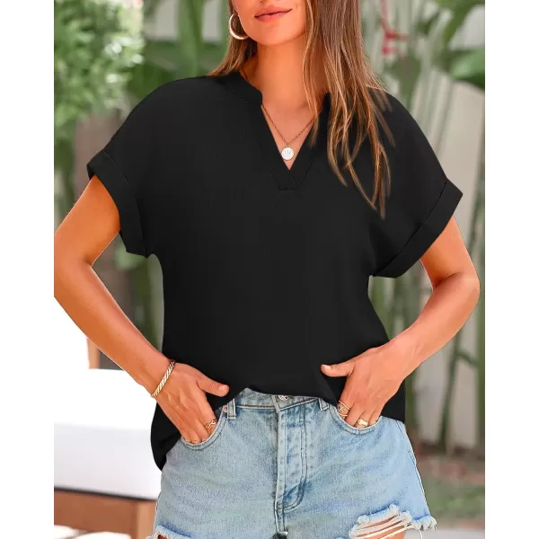 BTFBM Womens Summer Tops 2024 V Neck Short Sleeve Tshirt Loose Flowy Tunics Solid Color Dressy Casual Blouse ShirtsSolid Black