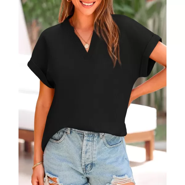 BTFBM Womens Summer Tops 2024 V Neck Short Sleeve Tshirt Loose Flowy Tunics Solid Color Dressy Casual Blouse ShirtsSolid Black