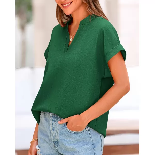 BTFBM Womens Summer Tops 2024 V Neck Short Sleeve Tshirt Loose Flowy Tunics Solid Color Dressy Casual Blouse ShirtsSolid Dark Green