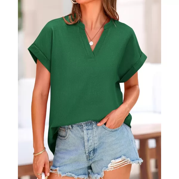 BTFBM Womens Summer Tops 2024 V Neck Short Sleeve Tshirt Loose Flowy Tunics Solid Color Dressy Casual Blouse ShirtsSolid Dark Green
