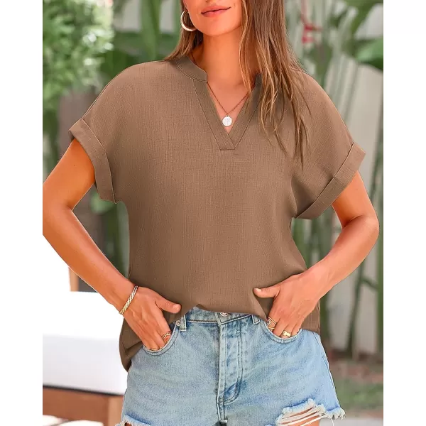 BTFBM Womens Summer Tops 2024 V Neck Short Sleeve Tshirt Loose Flowy Tunics Solid Color Dressy Casual Blouse ShirtsSolid Khaki