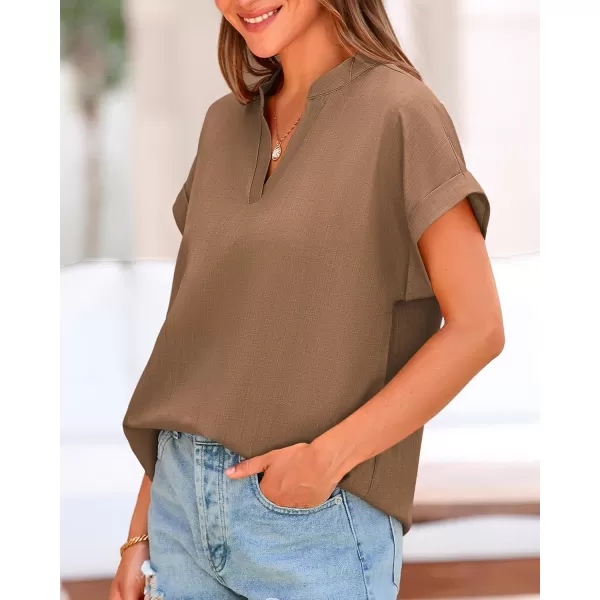 BTFBM Womens Summer Tops 2024 V Neck Short Sleeve Tshirt Loose Flowy Tunics Solid Color Dressy Casual Blouse ShirtsSolid Khaki