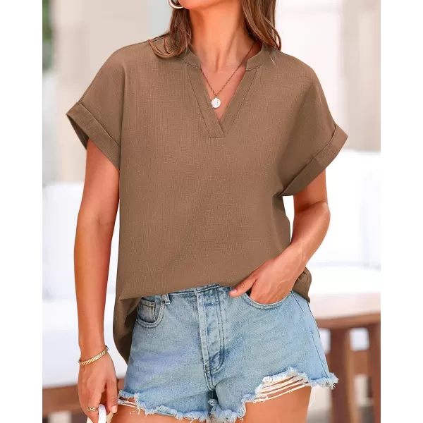 BTFBM Womens Summer Tops 2024 V Neck Short Sleeve Tshirt Loose Flowy Tunics Solid Color Dressy Casual Blouse ShirtsSolid Khaki