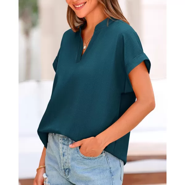 BTFBM Womens Summer Tops 2024 V Neck Short Sleeve Tshirt Loose Flowy Tunics Solid Color Dressy Casual Blouse ShirtsSolid Lake Blue