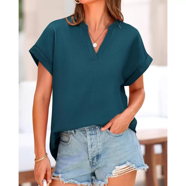 BTFBM Womens Summer Tops 2024 V Neck Short Sleeve Tshirt Loose Flowy Tunics Solid Color Dressy Casual Blouse ShirtsSolid Lake Blue