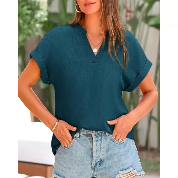 BTFBM Womens Summer Tops 2024 V Neck Short Sleeve Tshirt Loose Flowy Tunics Solid Color Dressy Casual Blouse ShirtsSolid Lake Blue