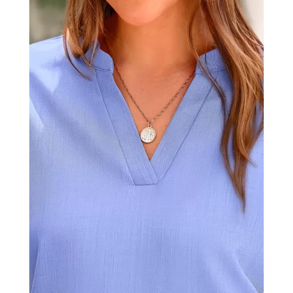 BTFBM Womens Summer Tops 2024 V Neck Short Sleeve Tshirt Loose Flowy Tunics Solid Color Dressy Casual Blouse ShirtsSolid Light Blue