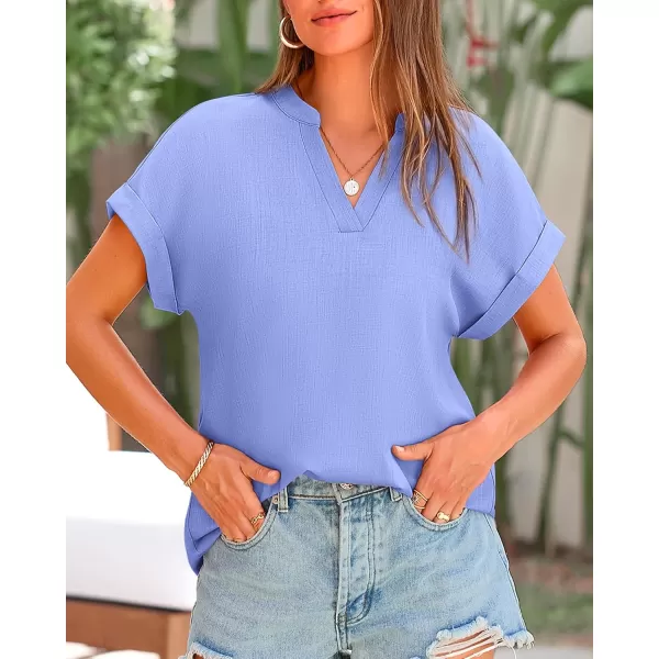 BTFBM Womens Summer Tops 2024 V Neck Short Sleeve Tshirt Loose Flowy Tunics Solid Color Dressy Casual Blouse ShirtsSolid Light Blue