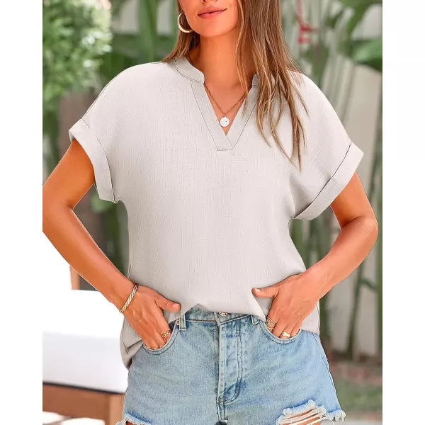 BTFBM Womens Summer Tops 2024 V Neck Short Sleeve Tshirt Loose Flowy Tunics Solid Color Dressy Casual Blouse ShirtsSolid Light Grey