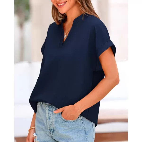 BTFBM Womens Summer Tops 2024 V Neck Short Sleeve Tshirt Loose Flowy Tunics Solid Color Dressy Casual Blouse ShirtsSolid Navy
