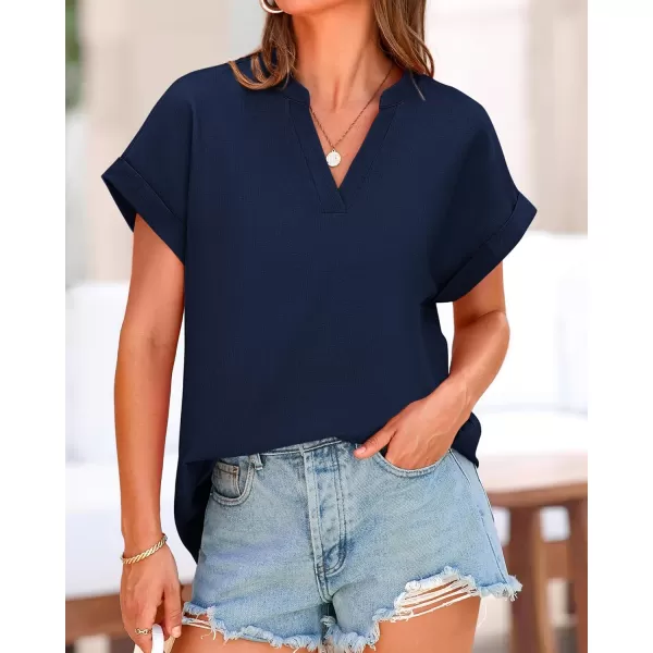 BTFBM Womens Summer Tops 2024 V Neck Short Sleeve Tshirt Loose Flowy Tunics Solid Color Dressy Casual Blouse ShirtsSolid Navy