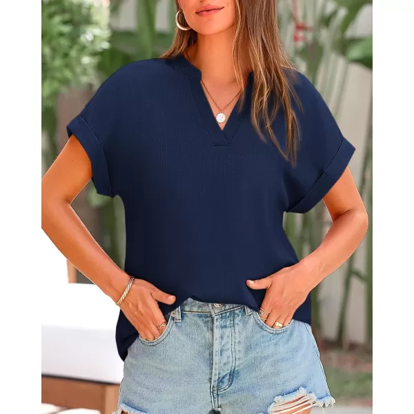 BTFBM Womens Summer Tops 2024 V Neck Short Sleeve Tshirt Loose Flowy Tunics Solid Color Dressy Casual Blouse ShirtsSolid Navy