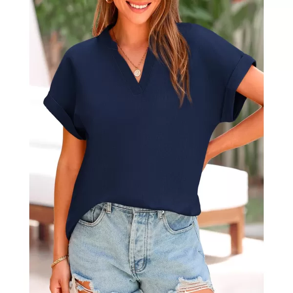 BTFBM Womens Summer Tops 2024 V Neck Short Sleeve Tshirt Loose Flowy Tunics Solid Color Dressy Casual Blouse ShirtsSolid Navy
