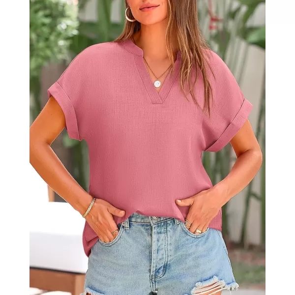 BTFBM Womens Summer Tops 2024 V Neck Short Sleeve Tshirt Loose Flowy Tunics Solid Color Dressy Casual Blouse ShirtsSolid Pink