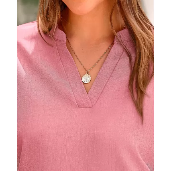 BTFBM Womens Summer Tops 2024 V Neck Short Sleeve Tshirt Loose Flowy Tunics Solid Color Dressy Casual Blouse ShirtsSolid Pink