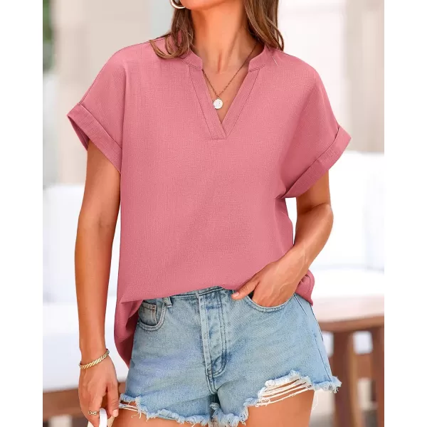 BTFBM Womens Summer Tops 2024 V Neck Short Sleeve Tshirt Loose Flowy Tunics Solid Color Dressy Casual Blouse ShirtsSolid Pink