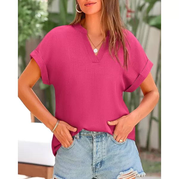 BTFBM Womens Summer Tops 2024 V Neck Short Sleeve Tshirt Loose Flowy Tunics Solid Color Dressy Casual Blouse ShirtsSolid Rose Red