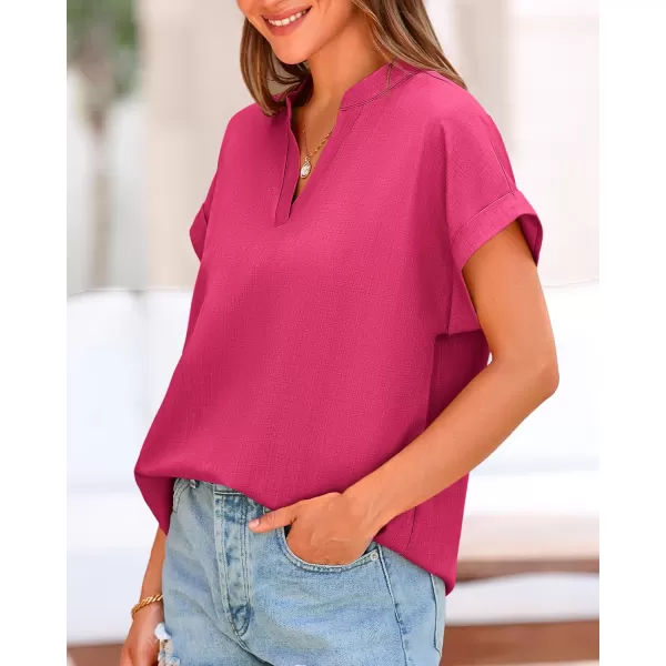 BTFBM Womens Summer Tops 2024 V Neck Short Sleeve Tshirt Loose Flowy Tunics Solid Color Dressy Casual Blouse ShirtsSolid Rose Red