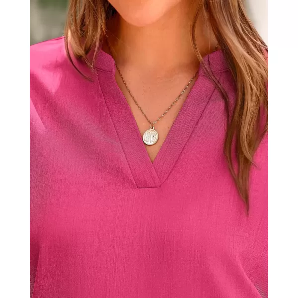 BTFBM Womens Summer Tops 2024 V Neck Short Sleeve Tshirt Loose Flowy Tunics Solid Color Dressy Casual Blouse ShirtsSolid Rose Red