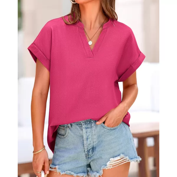 BTFBM Womens Summer Tops 2024 V Neck Short Sleeve Tshirt Loose Flowy Tunics Solid Color Dressy Casual Blouse ShirtsSolid Rose Red