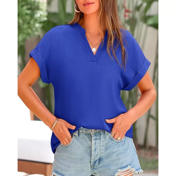 BTFBM Womens Summer Tops 2024 V Neck Short Sleeve Tshirt Loose Flowy Tunics Solid Color Dressy Casual Blouse ShirtsSolid Royal Blue