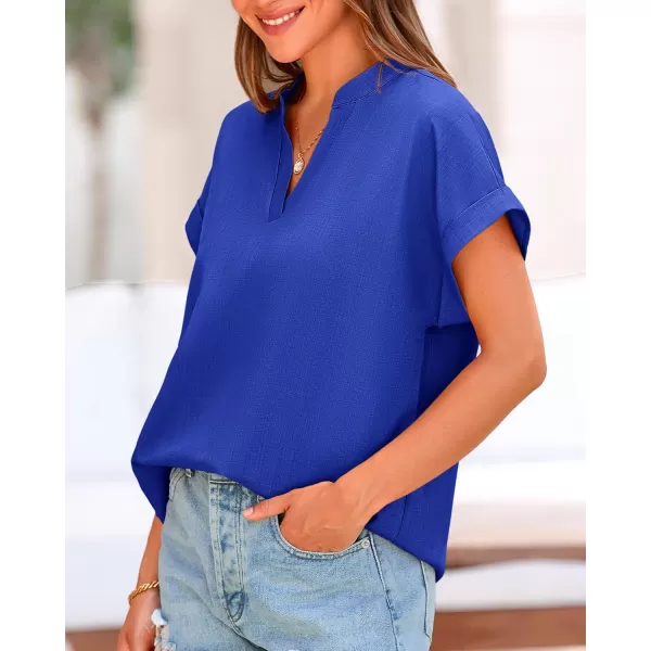 BTFBM Womens Summer Tops 2024 V Neck Short Sleeve Tshirt Loose Flowy Tunics Solid Color Dressy Casual Blouse ShirtsSolid Royal Blue